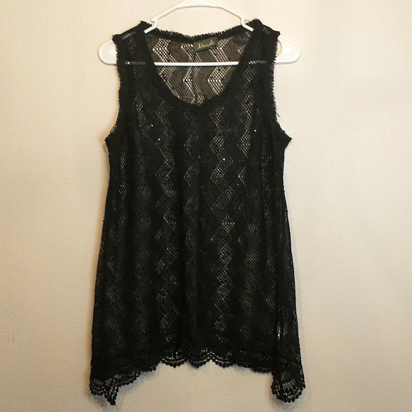 Maude Tops - Anthropologie Maude Large Black Sequin Tunic Scalloped Lace Hem Tank With Cami